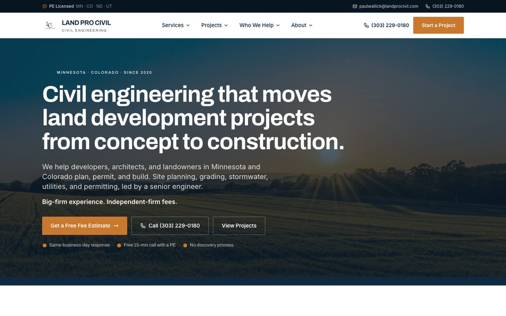 Land Pro Civil website after redesign by Snack Club